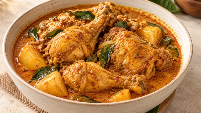Kari ayam berkuah bersama kentang dan daun kari