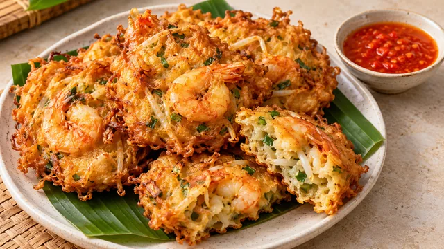 Cucur udang keemasan bersama sos cili