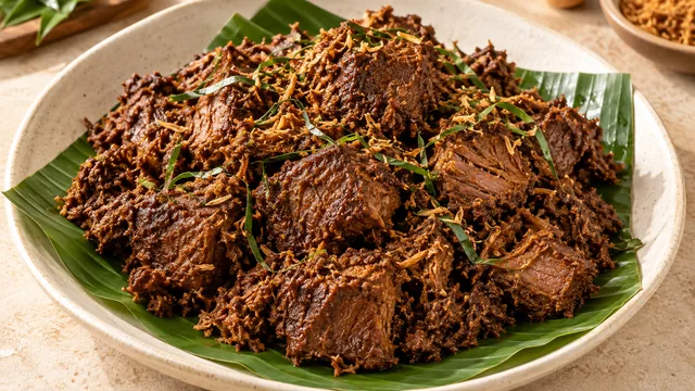 Rendang daging bersalut rempah di atas daun pisang