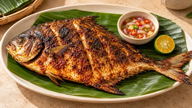 Ikan bawal bakar bersama limau kasturi dan air asam