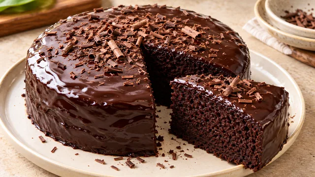 Kek coklat lembap bersalut ganache dengan sepotong kek
