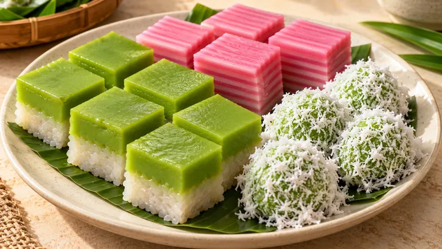 Seri muka, kuih lapis dan onde-onde bersalut kelapa