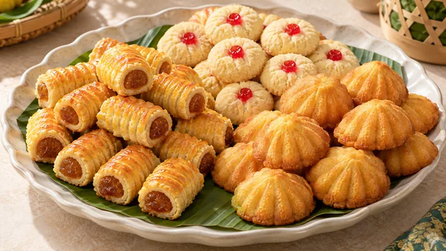 Tart nenas gulung, biskut suji dan kuih bahulu